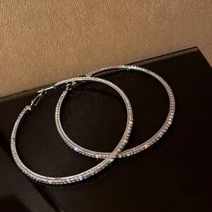 18k White Gold CZ Pave Stone Large Hoops Hoop Earrings